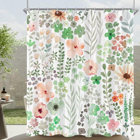 Rideau de douche 180 x 200 cm - Motif fleurs mignonnes - Rose vert - Ourlet lesté - Textile anti-moisissure - Imperméable - Lavable - En polyester - Avec 12 œillets et anneaux de rideau de douche (1/5)