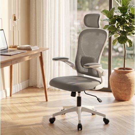 Sedia da ufficio ergonomica grigia con braccioli ribaltabili e supporto lombare regolabile DESVIAE (1/5)