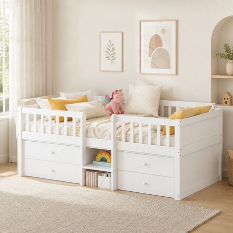 Cama alta infantil 90x200 cm de madera blanca, con almacenaje, ahorro de espacio FloraGrace (1/5)