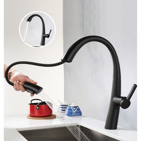 Rubinetto da cucina nero con pratico erogatore a spruzzo, realizzato in acciaio inox 304. (1/3)