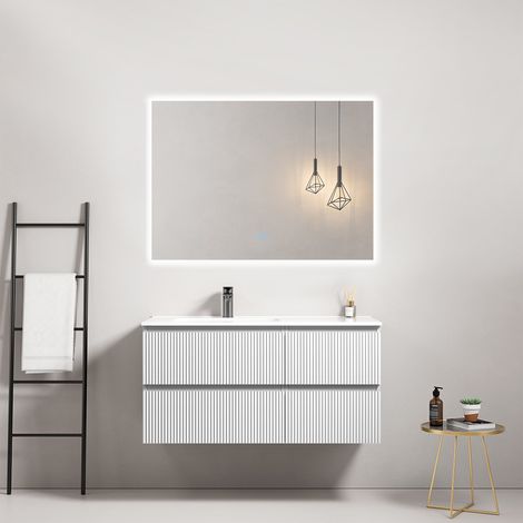 Mobile bagno sospeso cannettato 100 cm Bianco Lavabo a Sinistra in Ceramica Specchio Quadro Retroilluminato - Fiji Paint