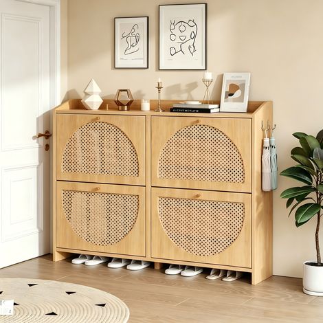 Mueble zapatero 4 abatibles, 120x24x90 cm, 8 compartimentos, con 2 ganchos, en MDF, color natural (1/5)