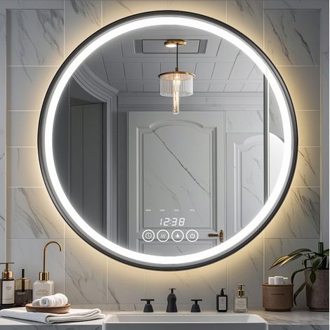 Noire Miroir Rond Salle de Bain avec Eclairage 60cm,Anti-buée, Miroir-LED avec 3 Couleurs Lumière, Dimmable,Capteur Tactile, Montage Mural (1/5)