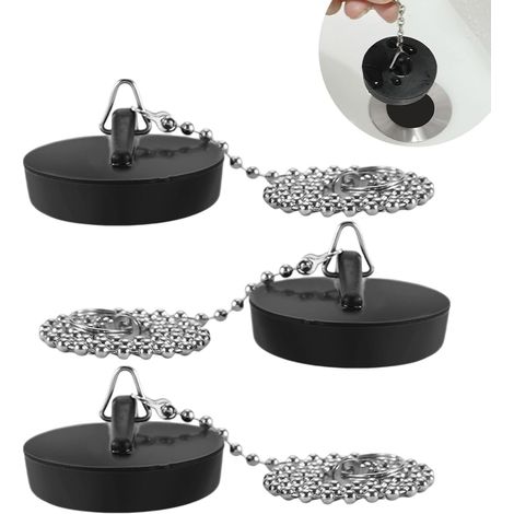 Lot de 3 Bouchons de Vidange en Caoutchouc, Noir Bouchon Baignoire, Ø40-45mm, Bouchons D'évier avec Chaîne de 40cm pour Évier, Baignoire, Cuisine, Salle de Bain, Empêche Les Pertes D'eau Et Les Odeurs