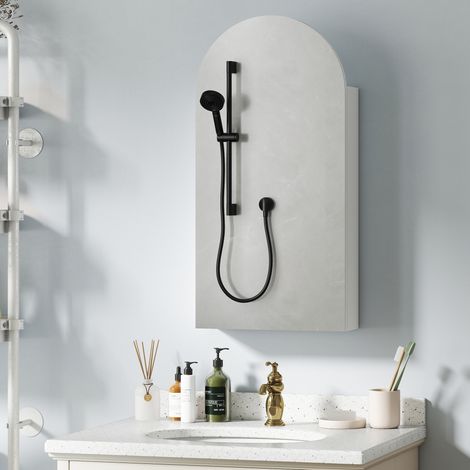 Badezimmer-Wandschrank mit Spiegel, rahmenloses, bogenförmiges Badezimmermöbel mit verstellbaren Glasböden, weiß