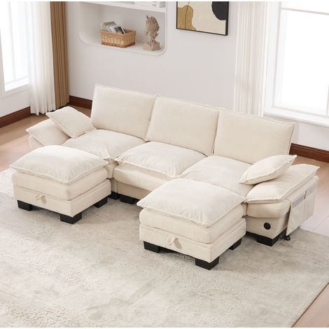 Divano modulare 3 posti in velluto a coste beige 260 x 132 x 84 cm con 2 pouf, USB-C e tasche laterali (1/5)