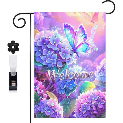 Drapeau de jardin décoratif 30 x 45 cm motif bouquet d’hortensias et papillon toile double face durable (1/5)