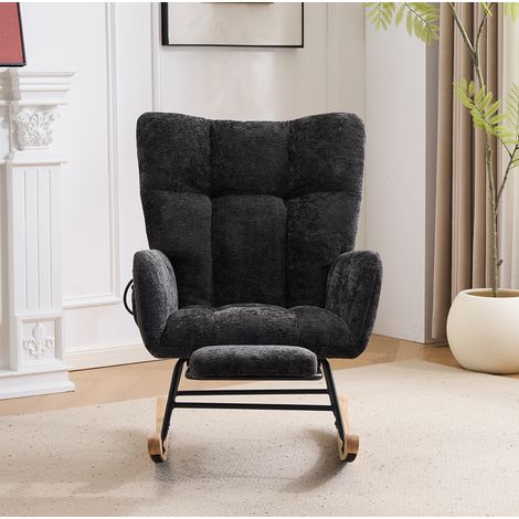 Fauteuil à bascule 63x92x89 cm en tissu chenille noir, avec rangement pour salon, FloraGrace (1/5)