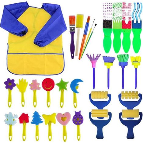 Kit Peinture Enfant - Pinceaux Éponge + Tablier Art DIY - Outils Apprentissage Précoce pour Activités Créatives - 1 Set