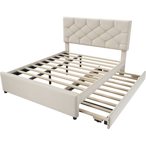 Cama tapizada 140x200 cm con somier y cama nido de terciopelo beige (1/5)