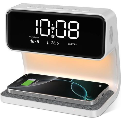 Réveil Digital - Lampe Réveil - Charge Sans Fil Qi 15 W - Affichage LED - Double Alarme - Gradation Tactile - Blanc (1/5)