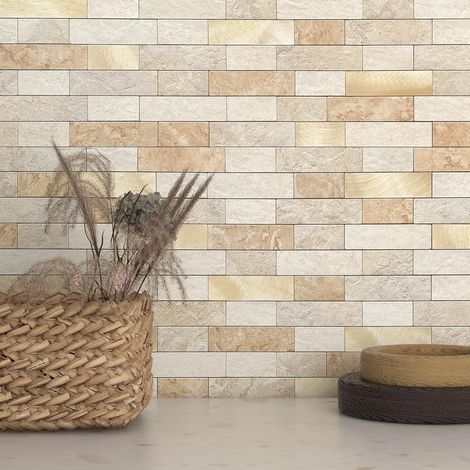 Carreaux muraux adhésifs pour cuisine, salle de bain - Mosaïque de marbre - Carreaux de pierre mats(10 pièces,Marron) (1/5)