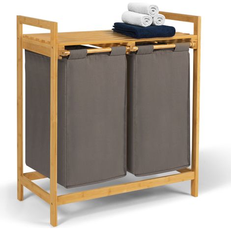 Idmarket – Panier à linge double 2 bacs en bambou – Compartiments coulissants en tissu gris anthracite – Dimensions 64x33x73 cm – Capacité 39L x2 (1/5)