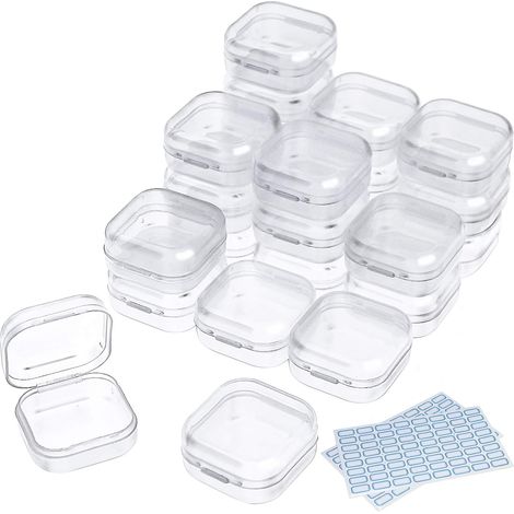 Lot de 24 Boite Rangement Plastique Transparente, Conteneur PP avec Couvercle, 3,5x3,5x1,8 cm, pour Perles, Bijoux, Travaux Manuels