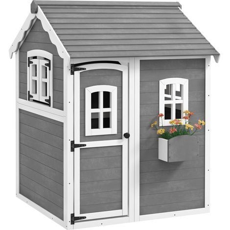 Casetta per Bambini 3-8 Anni con 6 Finestre e Fioriera, in Legno di Abete, 104.5x110x137 cm, Grigia