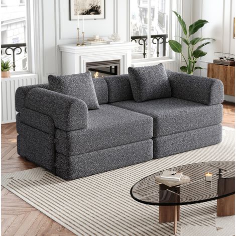 Sofá cama 2 en 1 gris de chenilla con compartimento en el reposabrazos y estructura de acero,184x85x150 cm (1/5)
