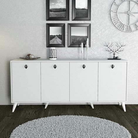 Buffet blanc moderne 4 portes, poignées à anneaux UMEA