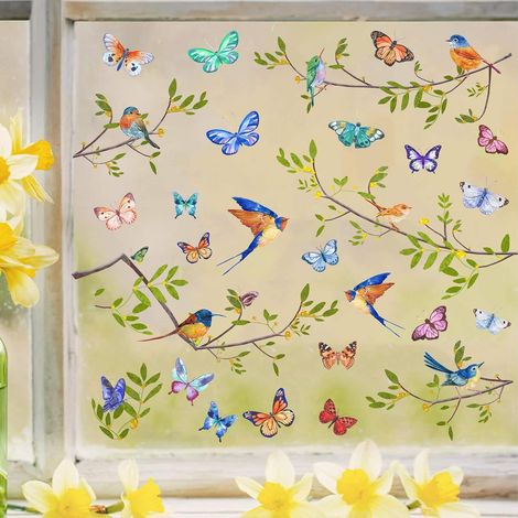 Sticker Fenêtre Colibri et Papillon,Sticker Mural Oiseaux,Autocollant Mural Feuille Verte,Autocollant Muraux Animal Coloré,Stickers Anti-collision pour Fenêtre,Autocollants de Fenêtre Printemps (1/5)