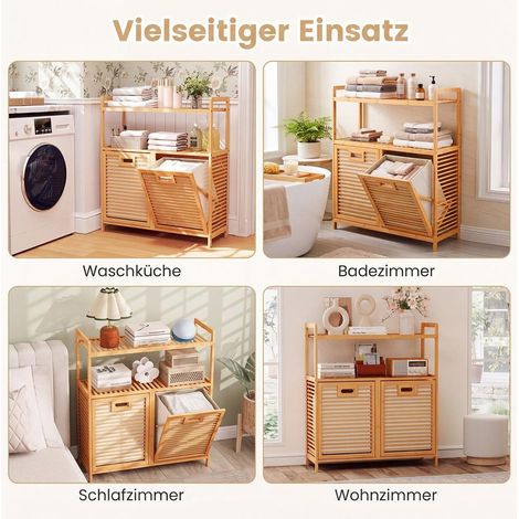 Rangement pratique pour linge sale, panier à linge basculant avec 2 étagères, cadre bambou naturel (1/5)