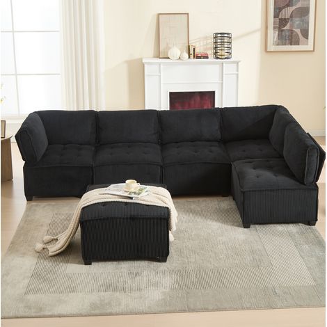 Canapé modulaire 6 places 308 cm en corduroy noir, convertible U/L, avec rangements (1/5)