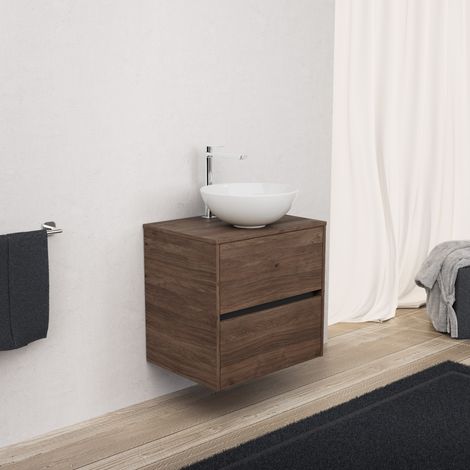 Inda - Badezimmerschrank 2 Schubladen L.60 mit Aufsatzwaschbecken / Braune Eiche - Diamante (1/5)