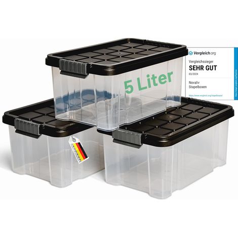 Novaliv 3x boîtes de rangement avec couvercle 5L anthracite Boîtes de rangement empilables emboîtables avec fermeture à clip Plastique sans BPA 30 x
