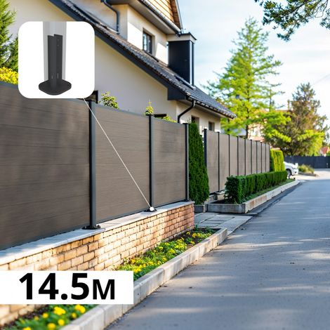 Kit Clôture Composite sur Muret CRUZ Argent 14,63x1,2m - Bois composite & Aluminium - Poteaux sur Platines Gris Anthracite - Brise vue