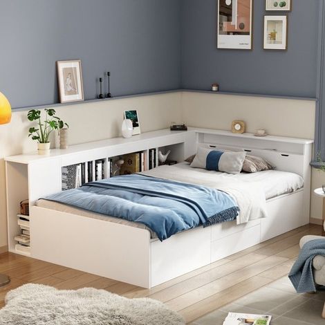 Lit enfant 90 x 200 cm blanc avec tiroirs, étagères et placards - sommier inclus (sans matelas) (1/5)