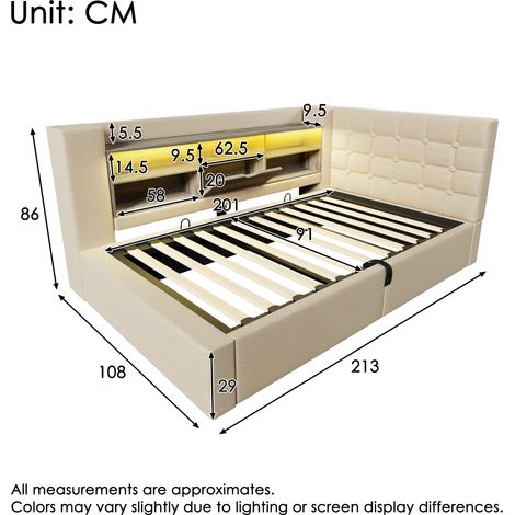 Lit rembourré 90x200 cm lin beige,LED,hydraulique,tête L rangement,montable 2 côtés,base à lattes,livré avec matelas