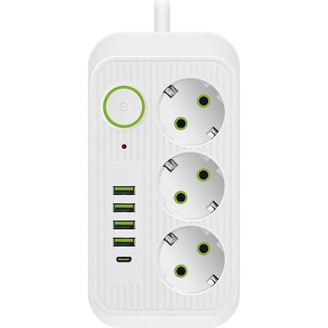 2-meter European multi-standard extension cord with plug and USB Type-C fast charging power strip, white.