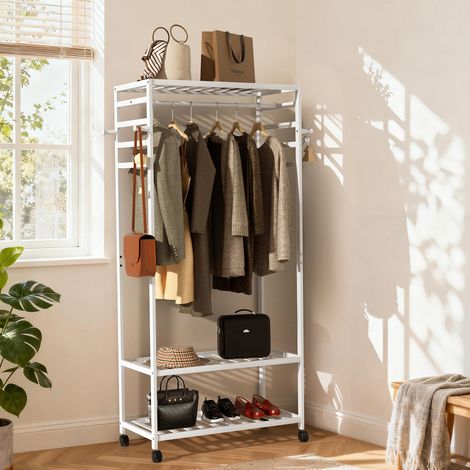 White Wooden Clothes Rail Hanging Garment Shoe Rack Rolling Stand Portable Practical, 78 x 40 x 169 cm