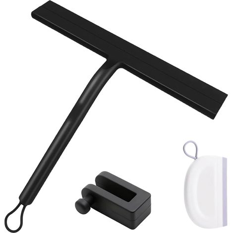 Raclette de douche professionnelle en silicone noir avec crochet de suspension pour fenêtre, sol, miroir, carrelage, porte en verre, sans perçage, raclette de fenêtre avec cordon de suspension (1/5)