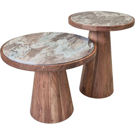 Lot de 2 tables basses rondes base en acacia avec plateau supérieur en marbre - NESTIA (1/3)