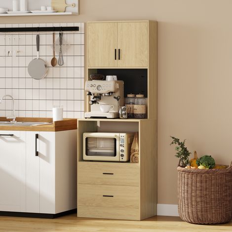 Mueble para microondas, aparador, 2 cajones, 2 puertas, encimera, estante ajustable, panel perforado, 4 ganchos, color natural