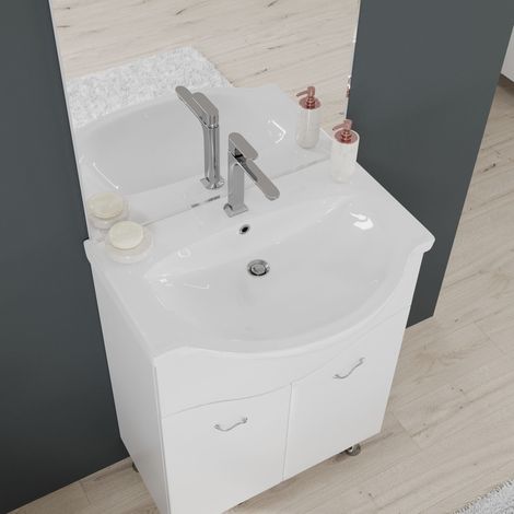 Kiamami Valentina – Meuble de salle de bain sur pieds 65 cm – 2 portes – Lavabo en céramique – Miroir avec spots LED – Finition blanc brillant — vue 3