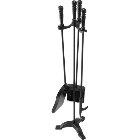 Ensemble d'outils de cheminée, 4 pièces, ensemble serviteur de cheminée avec support à trois branches, pelle à cendres, brosse, tisonnier, accessoires en fer forgé pour intérieur/extérieur, noir (1/5)