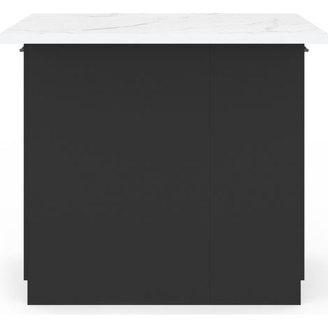 Idmarket – Îlot central de cuisine 100 cm – Bois noir avec plan de travail effet marbre – 2 portes latérales – Dimensions L100 x l80 x H90 cm