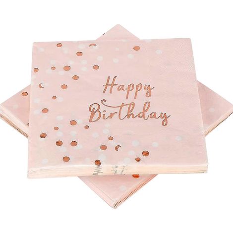 Rosa-goldene, dreilagige Papierservietten mit der Aufschrift „Happy Birthday“. (1/5)