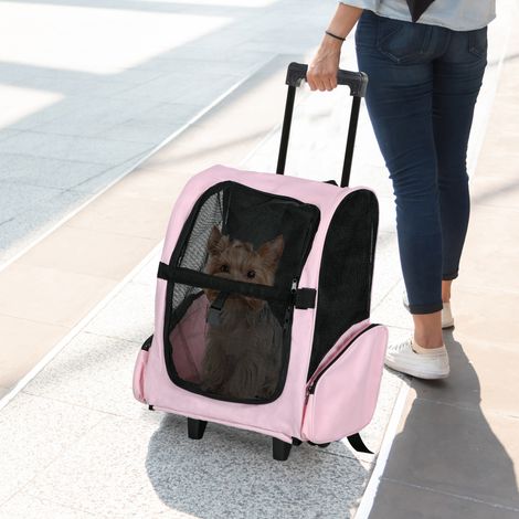 PawHut Sac de Transport à Roulettes 2 en 1 pour Chien - Trolley Chariot, Poignée Téléscopique, Sacs de Rangement Inclus, 42x25x55cm, Rose