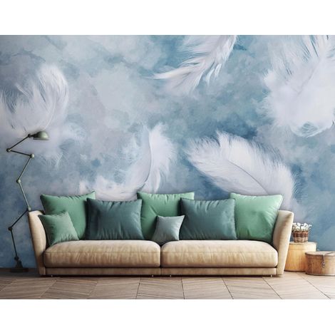 Fototapete Federn Abstrakt Blau, für Wohnzimmer und Schlafzimmer, 300 x 210 cm – Komplettset inkl. Kleister & Anleitung (1/5)