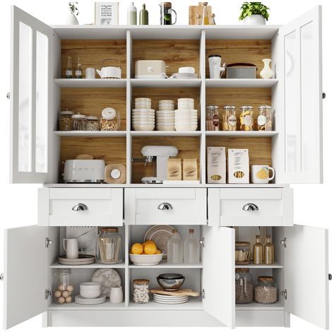 Armoire haute avec vitrine et tiroirs en MDF blanc 140×38,5×175 cm pour cuisine et salon (1/5)