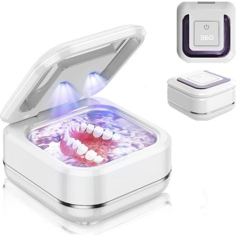 Nettoyeur à ultrasons - 42 kHz - pour prothèses dentaires, appareils orthodontiques, appareils de contention, têtes de brosse, bijoux, boîtier noir portable avec minuterie et arrêt automatique (blanc) (1/5)