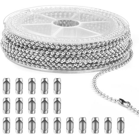 Chaîne Boule en Acier Inoxydable de 10 Mètres Diamètre 2,4 mm avec 20 Connecteurs Chaîne de Billes Chaîne à Rouleaux pour DIY Création de Bijoux, Porte-clés, Colliers et Bracelets
