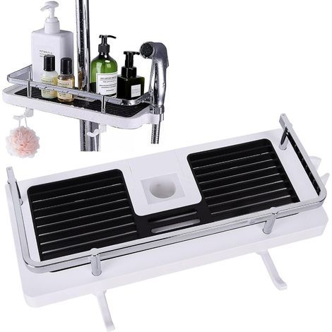 Estante de ducha sin taladro, estante de ducha para poste con soporte para cabezal de ducha, estante de almacenamiento de baño para champú y jabón, se adapta a riel de 24-25 mm (blanco) (1/5)
