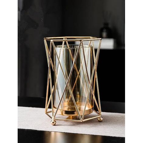 Vasen für Blumen, Blumenvase, goldene Glasvase mit Metallrahmen, Moderne Vasen, Kerzenhalter für Regal, Dekor, Küche