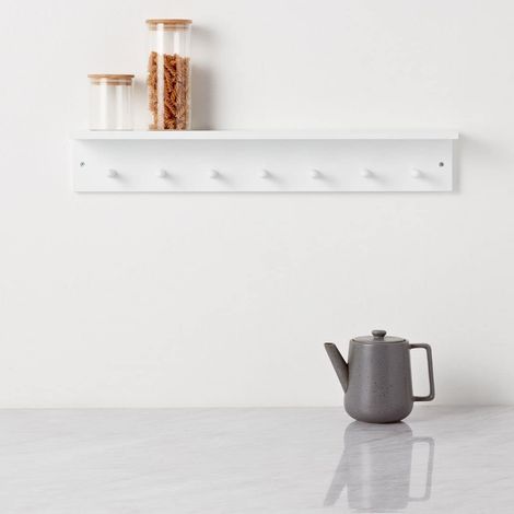Etagere Murale Bois avec 7 Crochets, Blanc, Facile à Assembler Etageres Cuisine Murales, Décoration de Chambre d'enfant, Porte Manteau Mural, Rangement Salle de Bain, Etagere Épices (1/5)