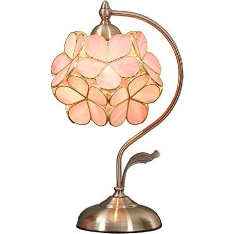Lampada da tavolo in vetro colorato in stile Tiffany con petali di fiori e base in ottone per l'arredamento della casa (rosa, fiori di ciliegio 8") (1/5)