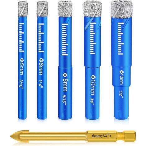 6 Stück Diamant-Fliesenbohrer, Steinzeug-Diamantbohrer mit 5,6,8,10,12 mm, Metall für 6 mm Fliesen, Fliesenbohrer für Keramik, Glas, Granit, Marmor, Quarz FLITI (1/4)