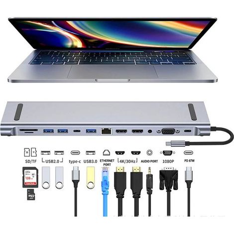 Hub USB C,Docking station 12 in 1,Splitter USB,Doppia HDMI 4K,2 USB A,USB C,USB 3.0,Ethernet 100G,Compatibile con laptop (1/5)