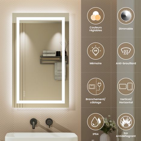 Miroir LED Salle de Bain 100x60cm Miroir Lumineux Mural avec Anti-buée, 3 Couleurs de lumière, Interrupteur Tactile (1/5)